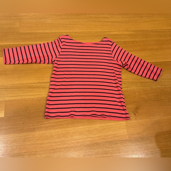 L.L. Bean Women's Medium Pink & Navy Striped 3/4 Sleeve Boat Neck Blouse Preppy - Picture 2 of 7